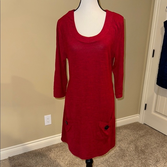 Papillon Red Sweater Dress Black Buttons 3/4 Sleeves Women’s Sz L - Picture 2 of 10
